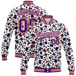 Custom Leopard Print Varsity Jacket with 3D Pattern - Personalized Bomber with Name & Number - White Purple Orange Personalized