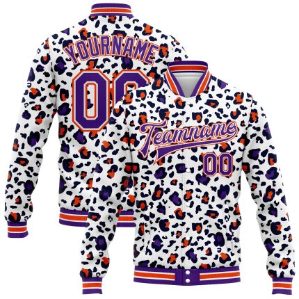 Custom Leopard Print Varsity Jacket with 3D Pattern - Personalized Bomber with Name & Number - White Purple Orange Personalized