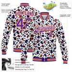 Custom Leopard Print Varsity Jacket with 3D Pattern - Personalized Bomber with Name & Number - White Purple Orange Personalized