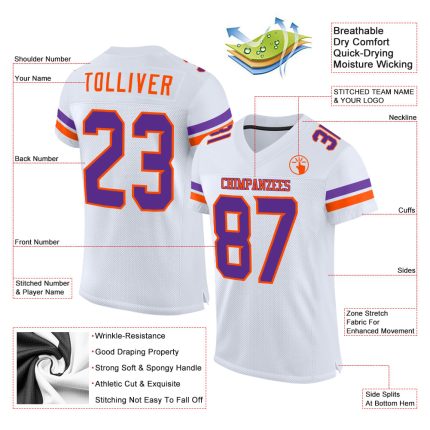 Customizable Purple Orange Football Jersey with Personalized Name & Number - Authentic Mesh Team Gear Personalized White