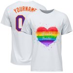 Personalized LGBT Pride Rainbow Heart T-Shirt with Custom Name & Number - White Purple-Orange for Performance Team Personalized
