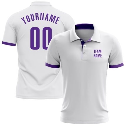 Custom Name Number Performance Polo Shirt - Personalized White Purple Golf Shirt Personalized White Purple Performance Golf