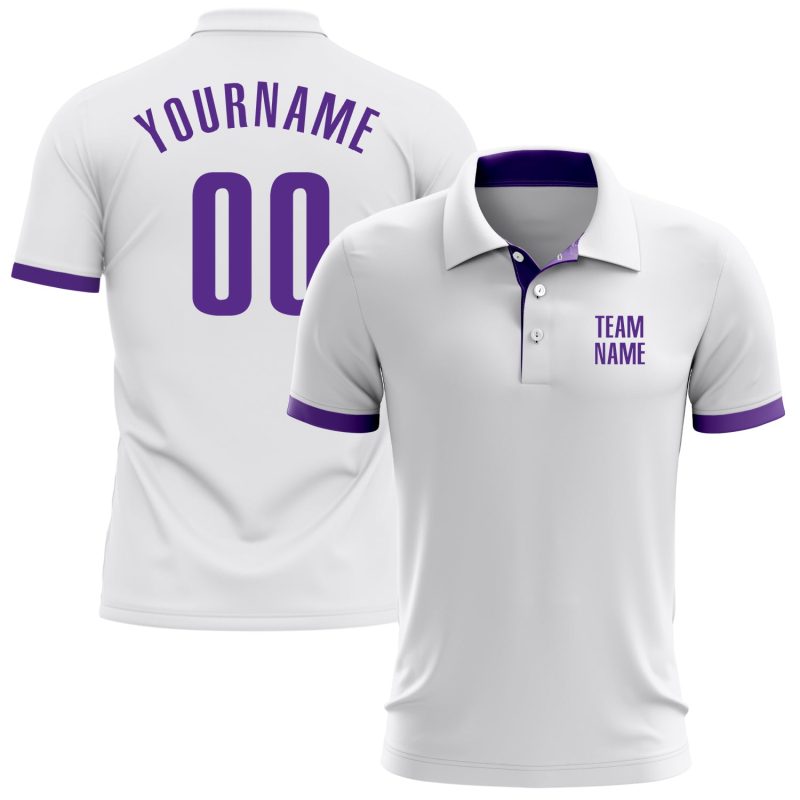 Custom Name Number Performance Polo Shirt - Personalized White Purple Golf Shirt Personalized White Purple Performance Golf