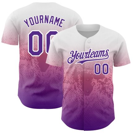 Custom Name and Number Animal Snake Baseball Jersey in Personalized White Purple-Pink 3D Gradient Design Personalized White