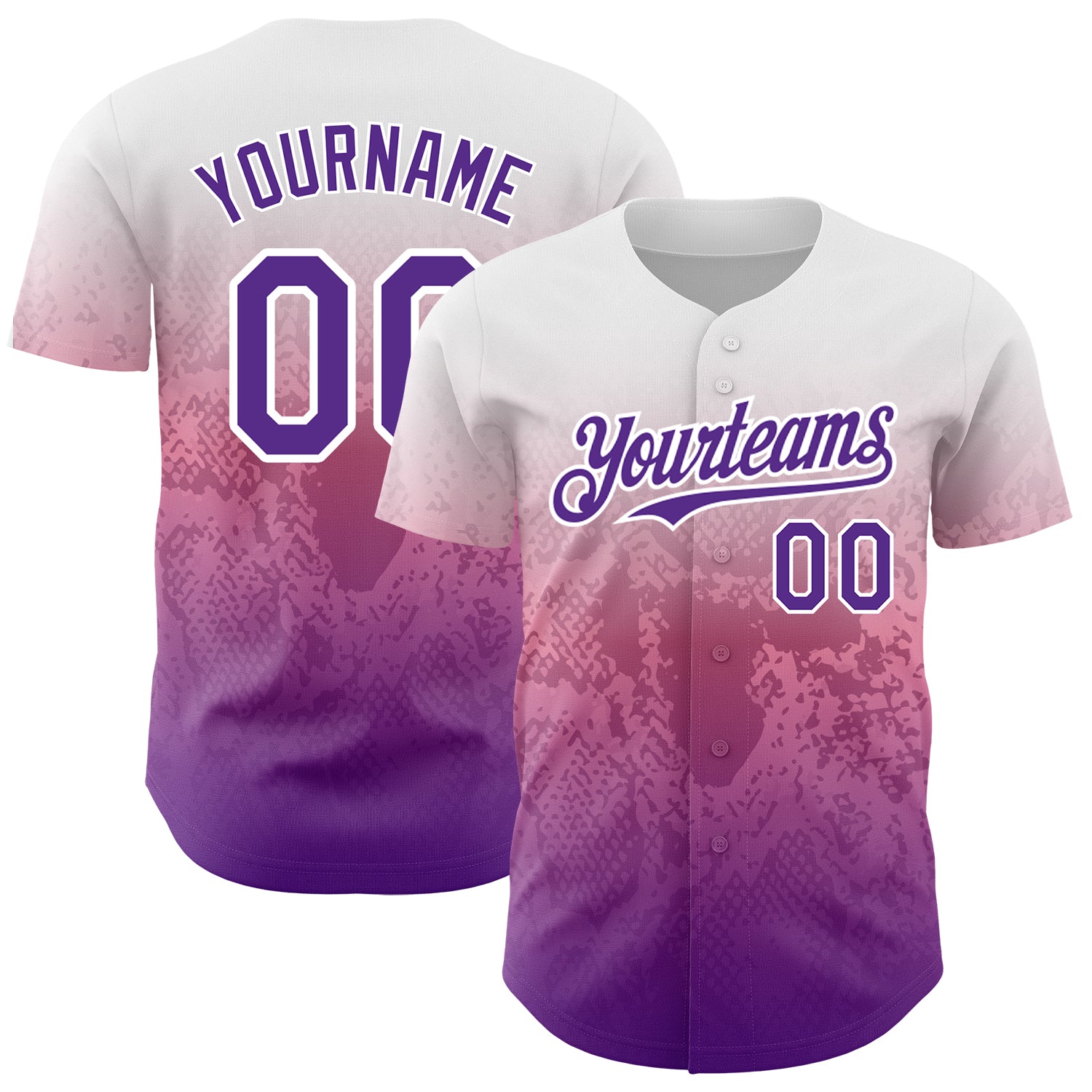 Custom Name and Number Animal Snake Baseball Jersey in Personalized White Purple-Pink 3D Gradient Design Personalized White