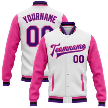 Customizable Two Tone Varsity Letterman Jacket with Name and Number - White Purple Pink Black Bomber Full-Snap Design Personalized