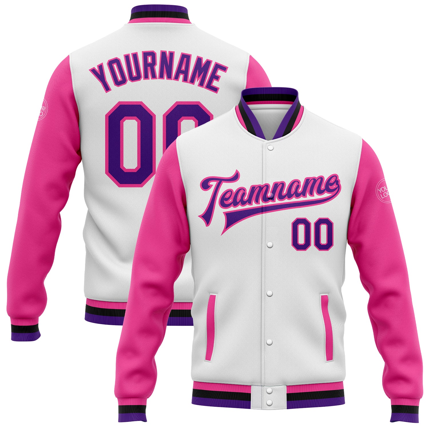 Customizable Two Tone Varsity Letterman Jacket with Name and Number - White Purple Pink Black Bomber Full-Snap Design Personalized