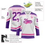 Custom Name and Number Hockey Jersey - Personalized White Purple Pink Lace Neck Design Personalized White Purple-Pink Hockey