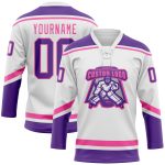 Custom Name and Number Hockey Jersey - Personalized White Purple Pink Lace Neck Design Personalized White Purple-Pink Hockey