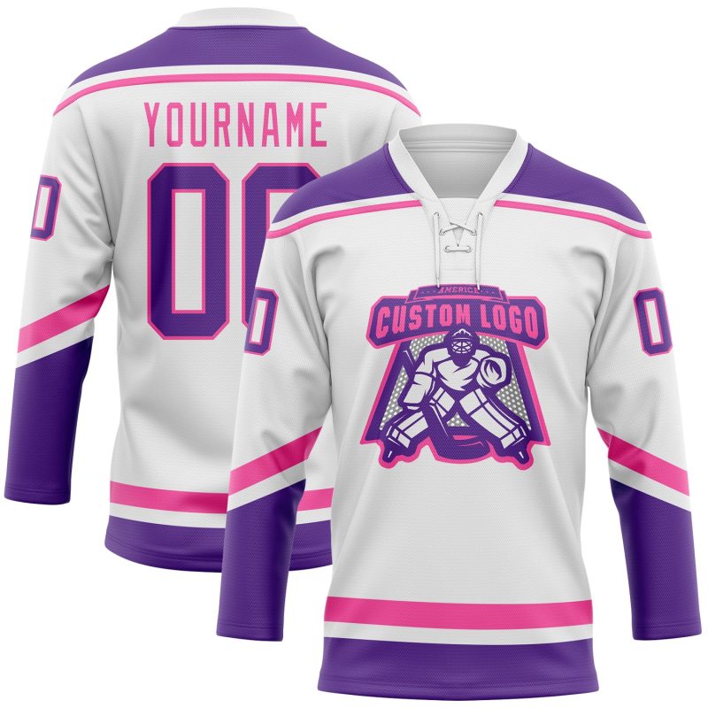 Custom Name and Number Hockey Jersey - Personalized White Purple Pink Lace Neck Design Personalized White Purple-Pink Hockey