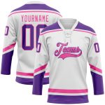 Custom Name and Number Hockey Jersey - Personalized White Purple Pink Lace Neck Design Personalized White Purple-Pink Hockey