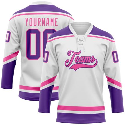 Custom Name and Number Hockey Jersey - Personalized White Purple Pink Lace Neck Design Personalized White Purple-Pink Hockey
