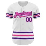 Custom Name and Number Authentic Baseball Jersey - Personalized White Purple-Pink Stripe Design Personalized White Purple-Pink