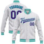 Custom Name Number Aqua Bomber Varsity Letterman Jacket - Personalized White Purple Pinstripe Full-Snap Design Personalized