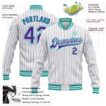 Custom Name Number Aqua Bomber Varsity Letterman Jacket - Personalized White Purple Pinstripe Full-Snap Design Personalized