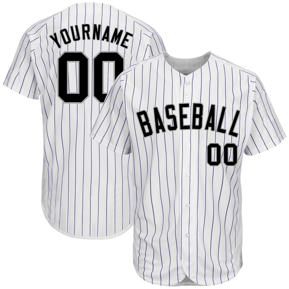 Custom Name and Number Personalized Black-Grey White Purple Pinstripe Authentic Baseball Jersey Personalized White Purple