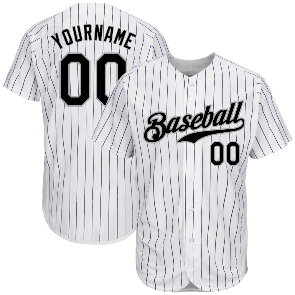 Custom Personalized Black Gray White Purple Pinstripe Baseball Jersey Personalized White Purple Pinstripe Black-Gray Authentic
