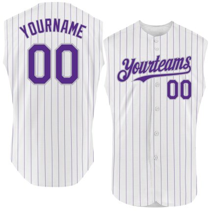 Personalized Authentic Sleeveless Baseball Jersey - Custom Name & Number, White Purple Pinstripe Black Gray Personalized
