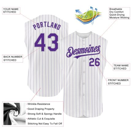 Personalized Authentic Sleeveless Baseball Jersey - Custom Name & Number, White Purple Pinstripe Black Gray Personalized