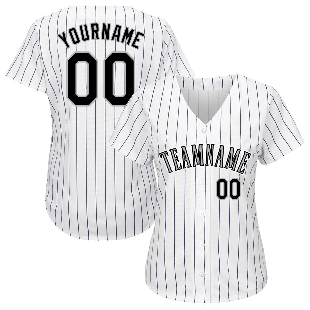 Custom Name Number Baseball Jersey - Personalized Black Gray White Purple Pinstripe Design Personalized White Purple Pinstripe