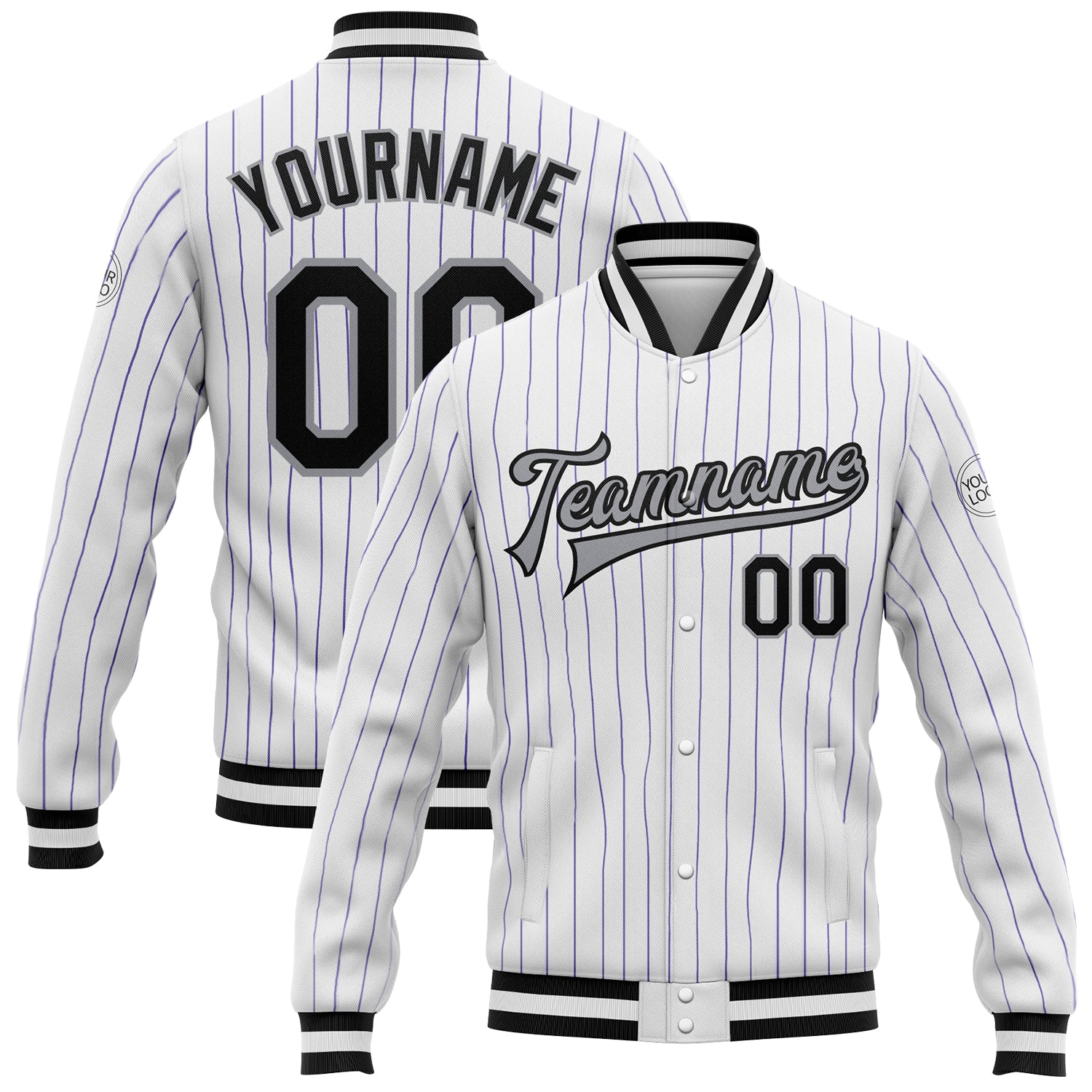 Custom Name and Number Varsity Letterman Jacket - Personalized White Purple Pinstripe Black-Gray Bomber Personalized White