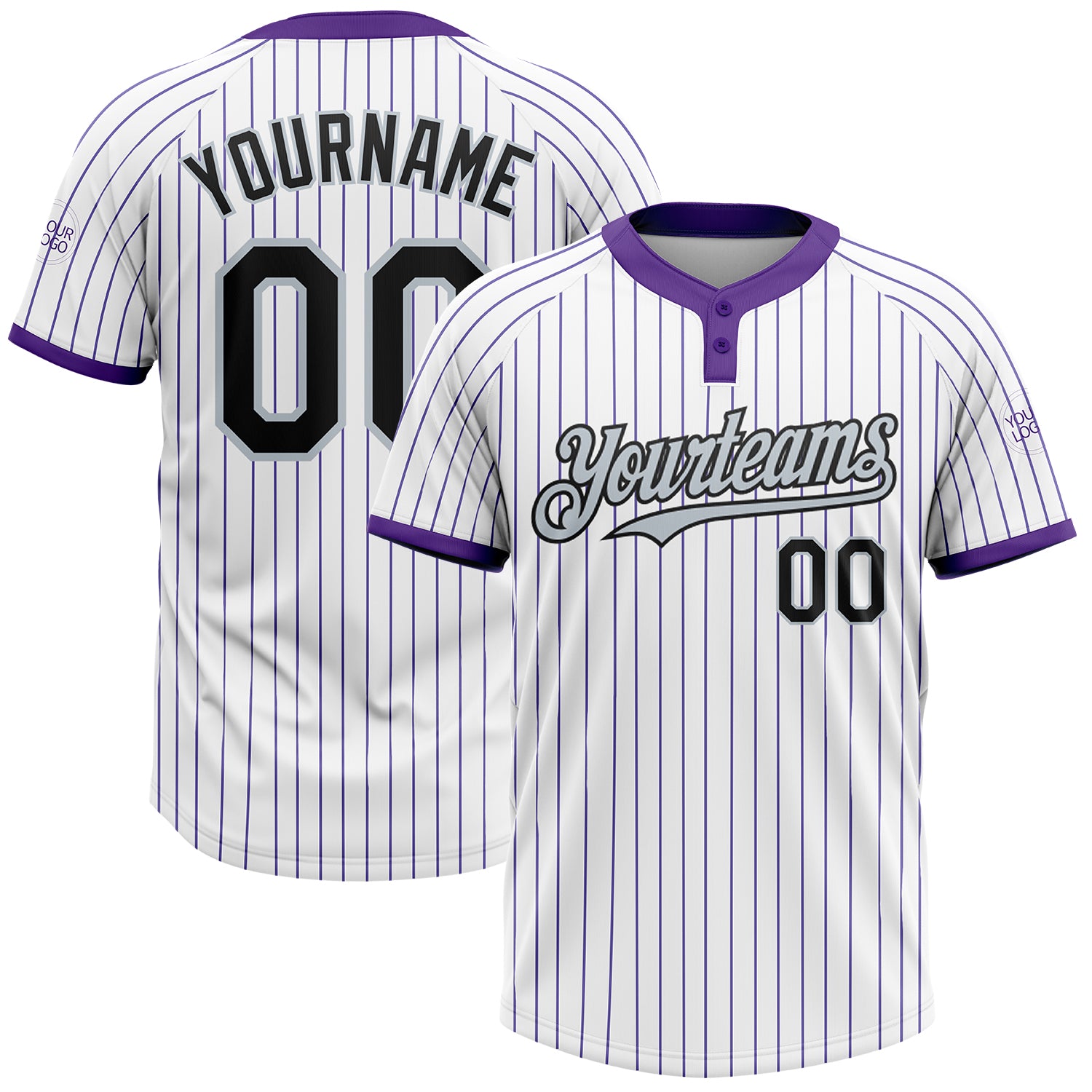Custom Name and Number Unisex Softball Jersey - Personalized White Purple Pinstripe Two-Button Black-Silver Design Personalized