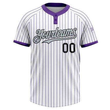 Custom Name and Number Unisex Softball Jersey - Personalized White Purple Pinstripe Two-Button Black-Silver Design Personalized