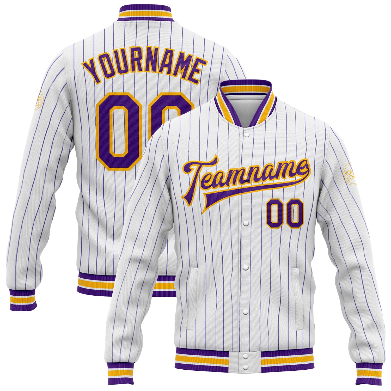 Custom Personalized Varsity Letterman Jacket with Purple Pinstripes and Gold Accents, Full-Snap, Team Name & Number Personalized