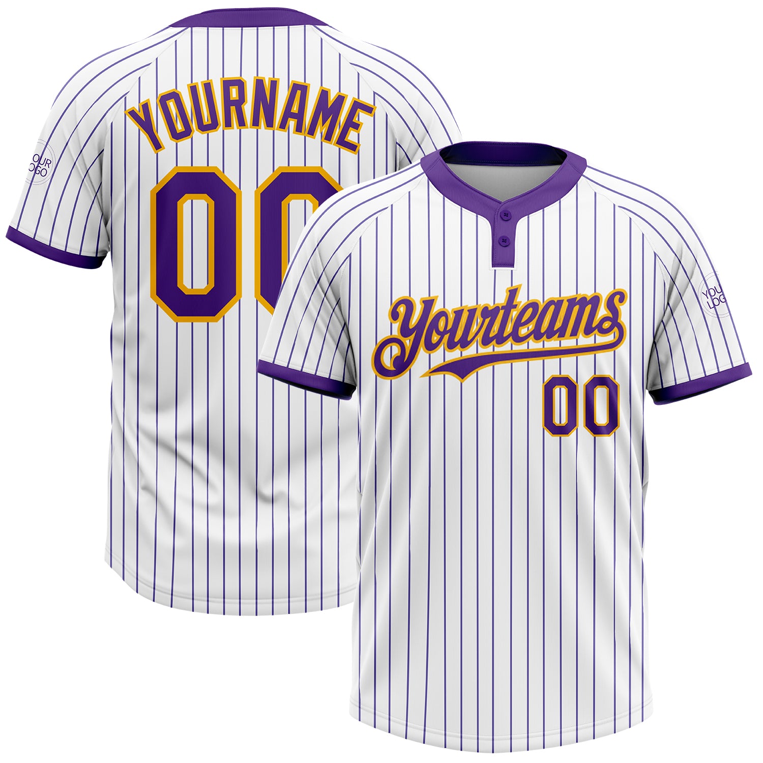 Custom Softball Jersey for Team - Personalized White Purple Pinstripe Gold Two-Button Unisex with Name & Number Personalized