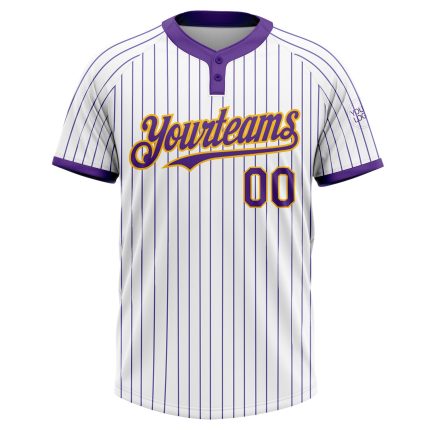 Custom Softball Jersey for Team - Personalized White Purple Pinstripe Gold Two-Button Unisex with Name & Number Personalized