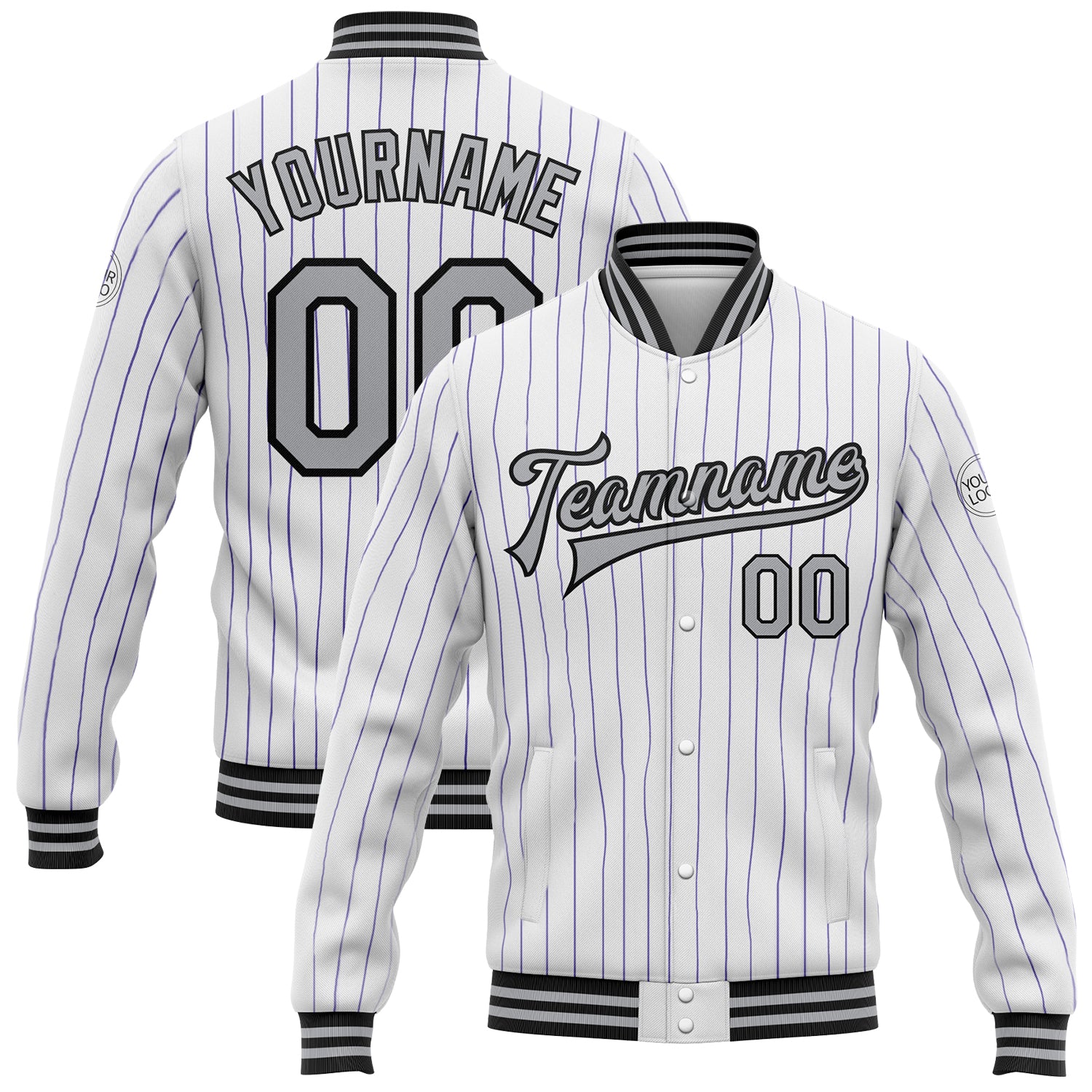 Custom Varsity Letterman Jacket - Personalized Gray-Black Bomber with White Purple Pinstripe, Team Name & Number Personalized