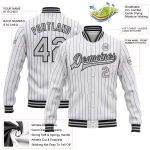 Custom Varsity Letterman Jacket - Personalized Gray-Black Bomber with White Purple Pinstripe, Team Name & Number Personalized