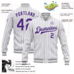 Custom Name Number Varsity Letterman Jacket Gray White Purple Pinstripe Full-Snap Bomber for Team Personalized White Purple