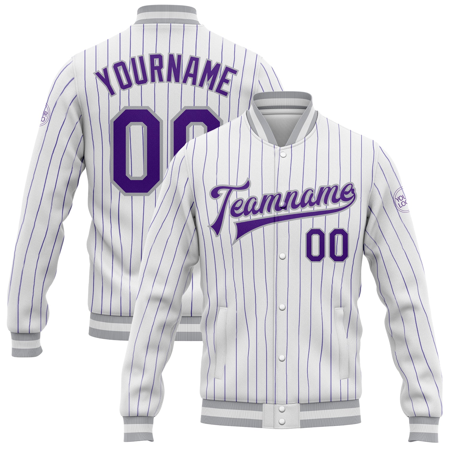 Custom Name Number Varsity Letterman Jacket Gray White Purple Pinstripe Full-Snap Bomber for Team Personalized White Purple