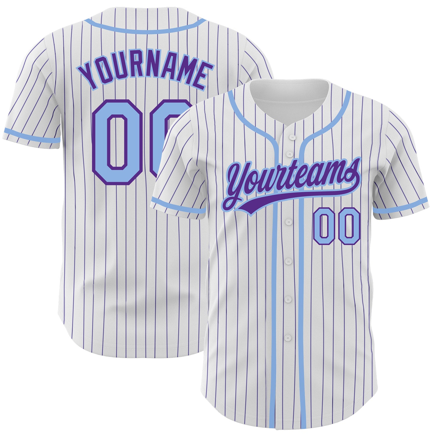Custom Name and Number Personalized Baseball Jersey - Authentic Light Blue with White Purple Pinstripe Design Personalized