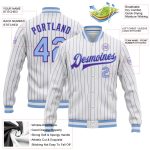 Custom Name and Number Varsity Letterman Jacket - Personalized Light Blue White Purple Pinstripe Bomber Full-Snap Personalized