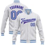 Custom Name and Number Varsity Letterman Jacket - Personalized Light Blue White Purple Pinstripe Bomber Full-Snap Personalized