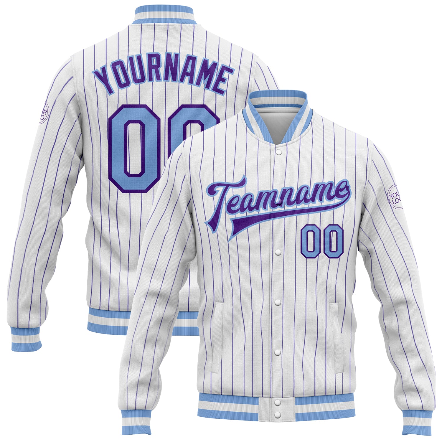 Custom Name and Number Varsity Letterman Jacket - Personalized Light Blue White Purple Pinstripe Bomber Full-Snap Personalized