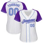 Custom Name and Number Personalized Baseball Jersey - White Purple Pinstripe Light Blue-Purple Authentic Raglan Sleeves Personalized