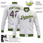 Custom Name Number Varsity Letterman Jacket - Personalized Neon Green Black Bomber with White Purple Pinstripes Personalized