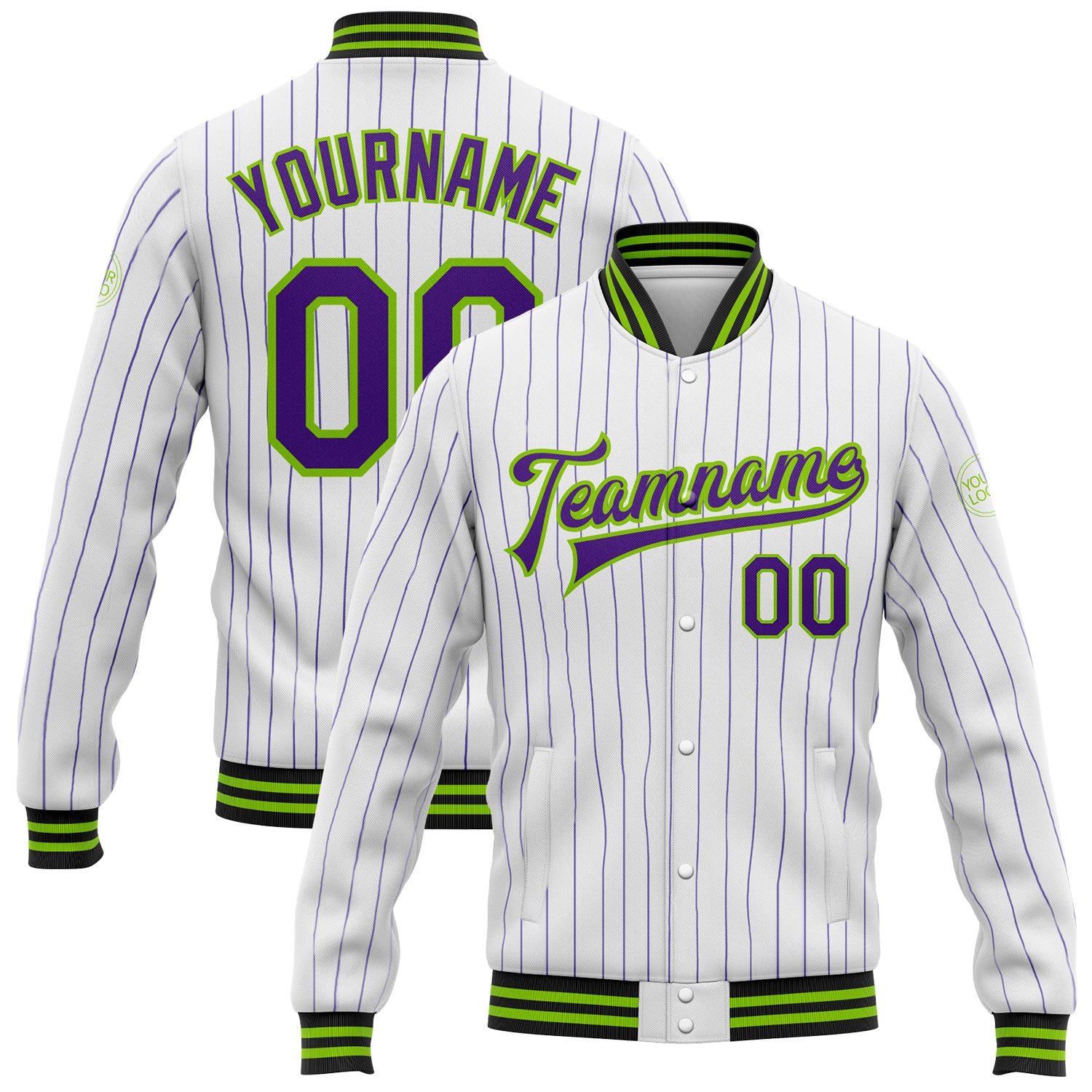 Custom Name Number Varsity Letterman Jacket - Personalized Neon Green Black Bomber with White Purple Pinstripes Personalized