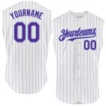 Custom Team Name and Number Personalized White Purple Pinstripe Sleeveless Baseball Jersey - Authentic Old Gold Design Personalized