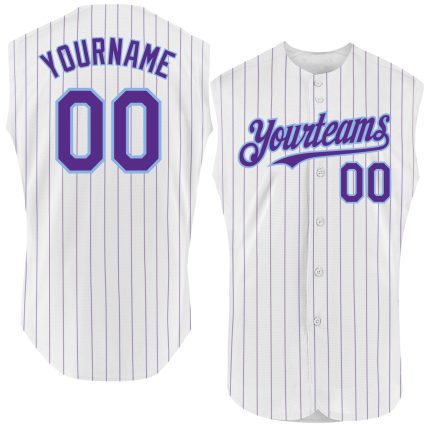 Custom Team Name and Number Personalized White Purple Pinstripe Sleeveless Baseball Jersey - Authentic Old Gold Design Personalized