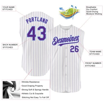 Custom Team Name and Number Personalized White Purple Pinstripe Sleeveless Baseball Jersey - Authentic Old Gold Design Personalized