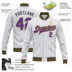 Custom Varsity Letterman Jacket with Personal Name & Number, White Purple Pinstripe, Old Gold Black Bomber Style Personalized