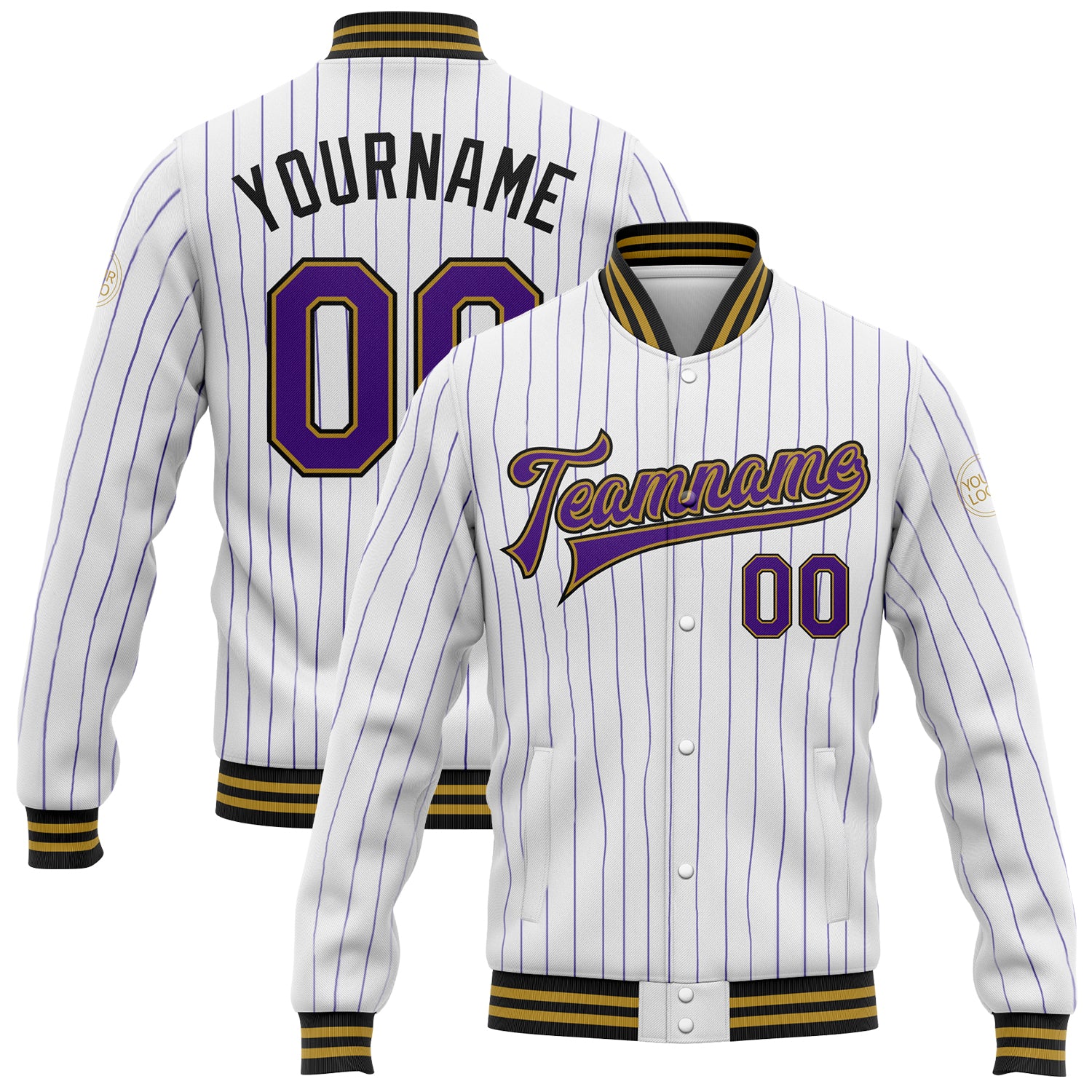 Custom Varsity Letterman Jacket with Personal Name & Number, White Purple Pinstripe, Old Gold Black Bomber Style Personalized