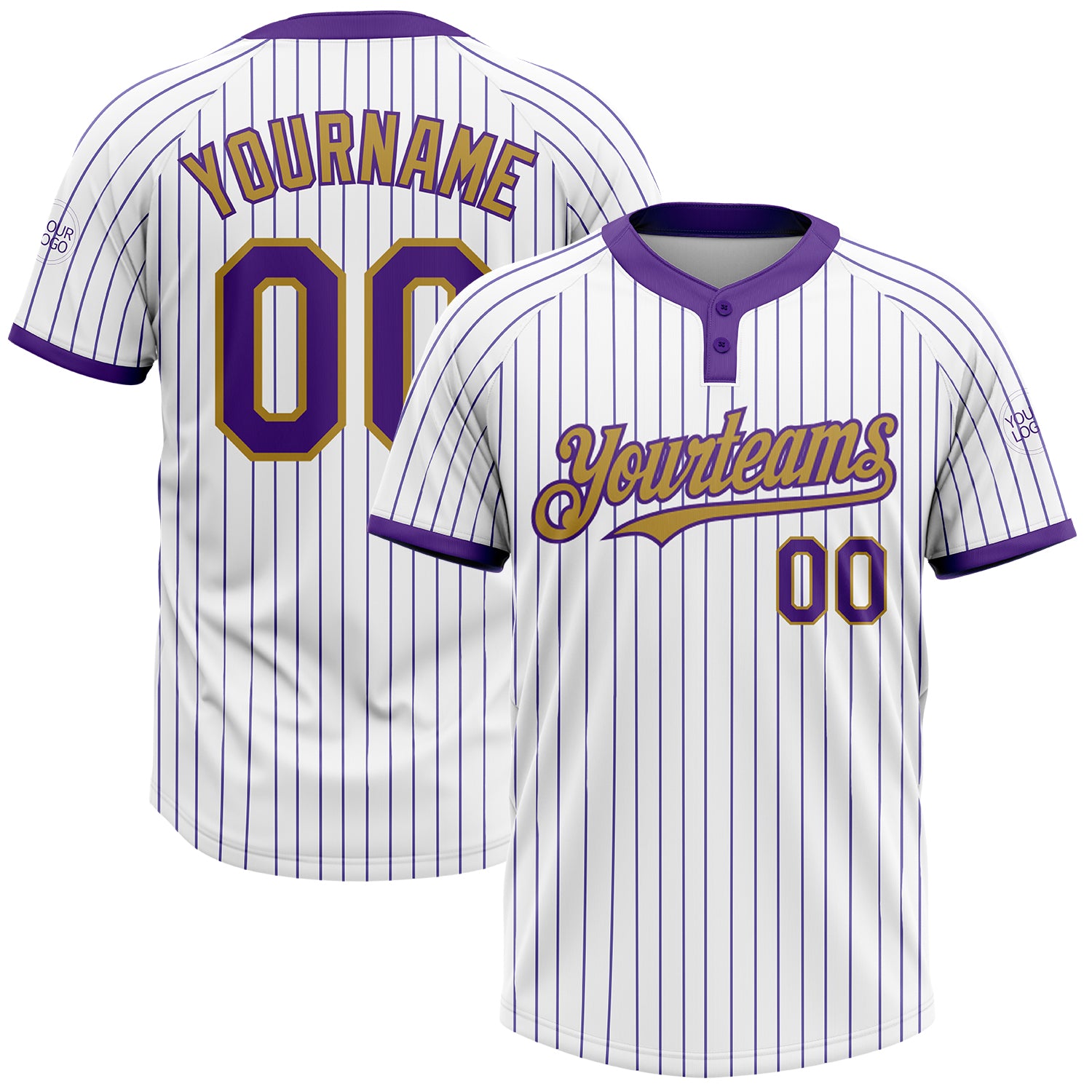 Custom Name Number Two-Button Unisex Softball Jersey - Personalized White Purple Pinstripe Old Gold Design Personalized White