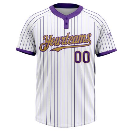 Custom Name Number Two-Button Unisex Softball Jersey - Personalized White Purple Pinstripe Old Gold Design Personalized White
