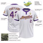 Custom Name Number Two-Button Unisex Softball Jersey - Personalized White Purple Pinstripe Old Gold Design Personalized White