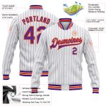 Custom Name Number White Purple Pinstripe Orange Varsity Letterman Bomber Jacket - Personalized Full-Snap Team Jacket Personalized
